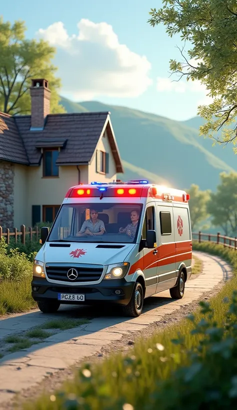 mobil ambulans parkir depan rumah , latar pedesaan, 3D