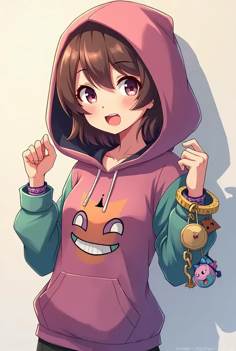 A short, brown haired anime girl with a Invader Zim Gir hoodie with hood on, with Kandi Rave Breacelets and Animal Tail Keychain on side.