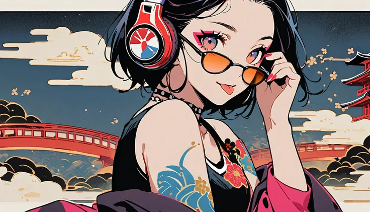 (((Ink Painting))), (((punk girl))), (((Light-tinted sunglasses))), (((Sticking out tongue))), (((Flashy makeup))), (((Japanese style headphones))), (((Japanese pattern tank top))), (((1 girl))), Japan人の美少女, Black Hair, Delicate and precise, Modern Ukiyo-e...