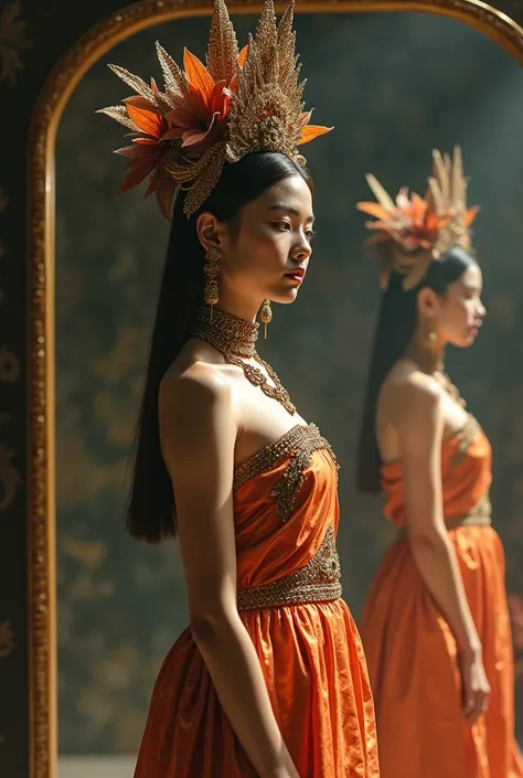 Fashion photography， A young model wears a haute couture dress inspired by Ayutthaya period art., Adorned with a stunning headdress and clay earrings., Reflective silk clothing, Standing in front of a mirror, Light and shadowที่เข้มข้น, Extravagant glasswa...