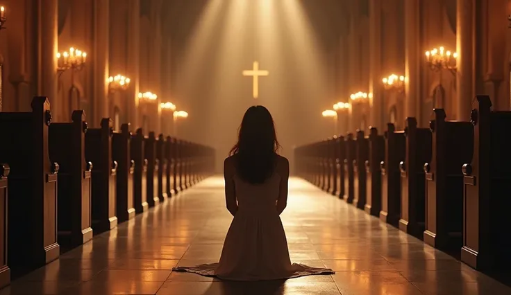 A woman kneeling facing front in an empty church, illuminated by the warm glow of candles. The quiet atmosphere reflects personal worship and the strength that comes from surrendering to Jesus in moments of solitude.
