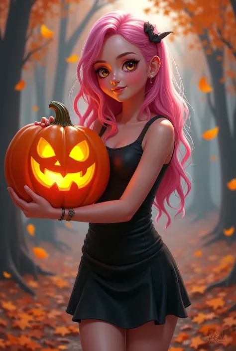 A 2d female character with pink hair wearing a black dress and holding a carved pumpkin for Halloween
