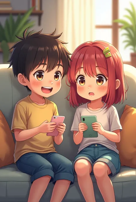 2 kids siting on a sofa and watching mobile in anime version 