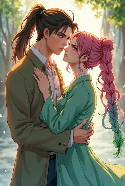 ultra detailed, High resolution, absurdresHDR-10, Eren Jaeger, turquoise eyes, long brown hair tied up, Shineki no kyojin, Mitsuri Kanroji, Pink and green hair with two braids, green eyes, Kimetsu no Yaiba, flores, Petals, Green leaves, Water, 1 man togeth...