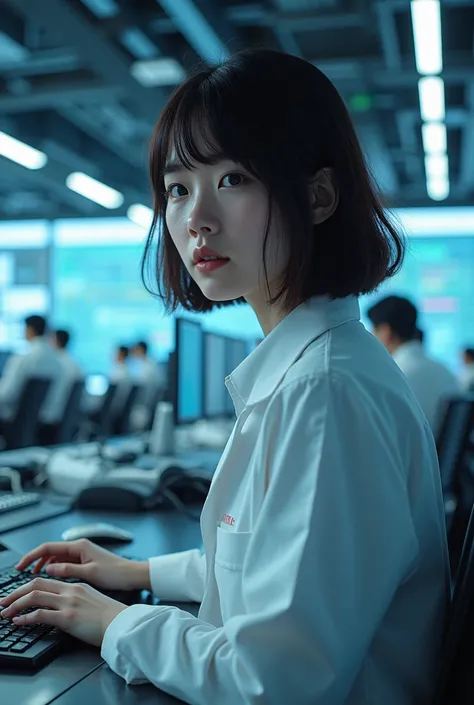 Technician dressed as brunette young Japanese woman，Serious expression, In the background is a large computer science observatory，There are a lot of big screens and staff，Use AI to manage information，Very outstanding beauty