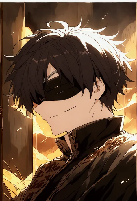 ,blindfold, Meticulous painting style,Soft and fresh colors,Gentle lighting effects,Picturesque picture quality,Warm atmosphere, boy in black clothes, black short hair