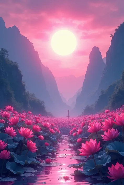 Magenta lotus flower field、Pond deep in the mountains、Pink background、god々New Sun、god格、High image quality、Illustration