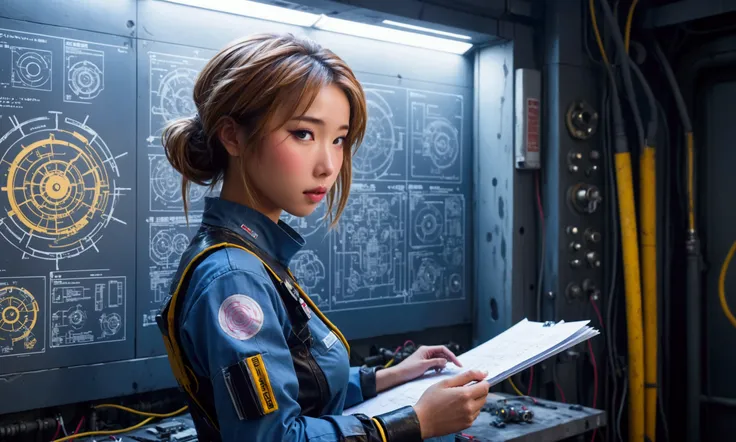 cute yuna (sexy technician outfit with frayed edges and many holes, grease smudges) is studying a mechs technical readouts on a wall (architectural design of mech), mech bay, focus on schematic
