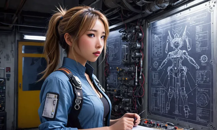 cute yuna (sexy technician outfit with frayed edges and many holes, grease smudges) is studying a mechs technical readouts on a wall (architectural design of mech), mech bay, focus on schematic
