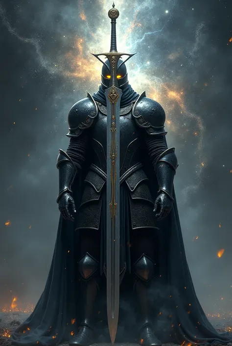 The star sword and it is held by a knight in black armor he eyes is yellow 
