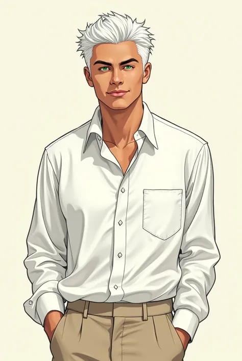 Man with straight white hair in the shape of a little book that reaches his ears, white eyebrows, brown skinned, nice smile, green eyes, pretty nose, marked jaw that looks too attractive, with a white dress shirt along with a beige loose dress pants. Manhw...