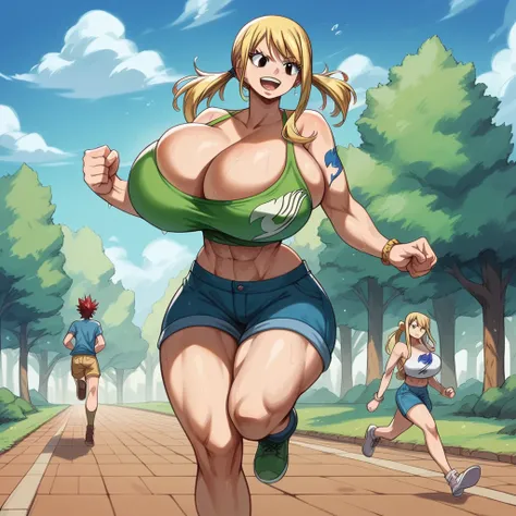 Massive breasts, {Ultra gigantic breasts} massive cleavage, mature, hot and sweaty, outside, jogging, giantess, toned abs, muscular, lucy, fairy tail, 