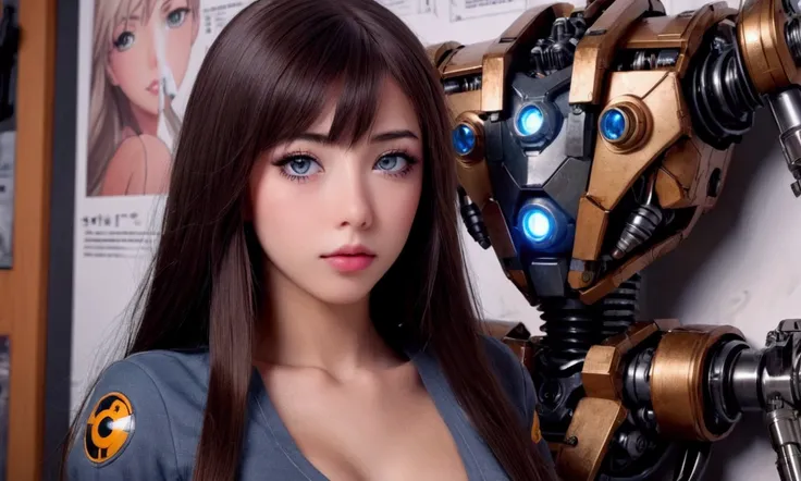 a cute anime girl in a sexy technician outfit with frayed edges and many holes, grease smudges, studying a mechs technical readouts on a wall, architectural design of mech, mech bay, focus on schematic, (best quality,4k,8k,highres,masterpiece:1.2),ultra-de...