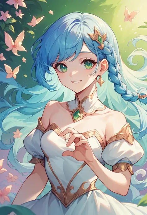 1girl, cute girl, beautiful girl, teenage, blue hair, bangs,  braid hair, green eyes, princess white dress, smile, aesthetic, colorful, manhwa