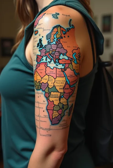 World map tattoo and having written text showing places I already know on my full arm