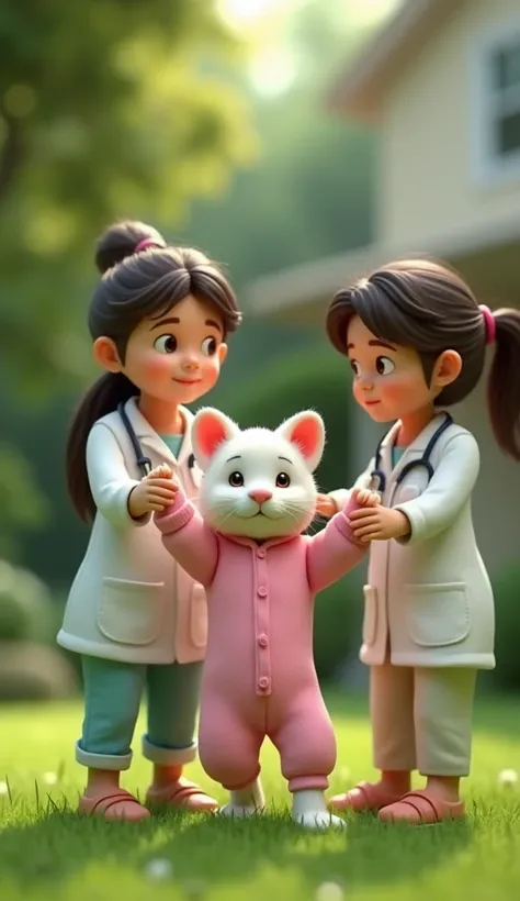 A team of cat doctors lifts a white kitten lying limp, front yard background, white kitten wearing pink pajamas, claymation 3d