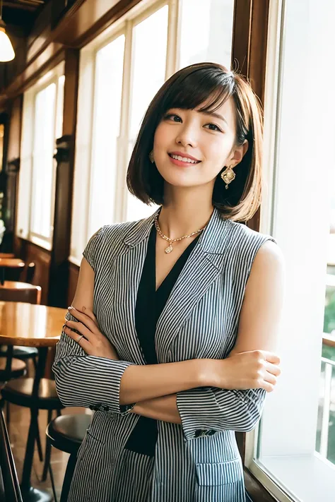 Show me the woman who will amaze everyone..、Looks like Grace Kelly、Eat a parfait at a cafe、（Antique cafe with a retro atmosphere）、（Enjoy a delicious fruit parfait.）、It suits her perfectly.、A tight fitting orange striped one piece suit、The collar should be ...