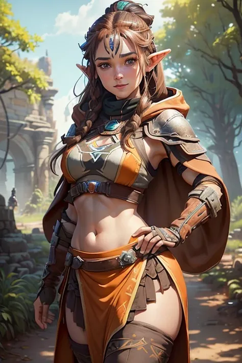 A beautiful village woman with a gentle smile, ((best quality))) (((HD))) (((8k))) (character) 20-year-old woman, ((adventurous)) elf, ((beautiful)), ((brown hair)) and ((very long hair)), voluptuous fit body, large breasts, thick thighs, Racing suit, pony...