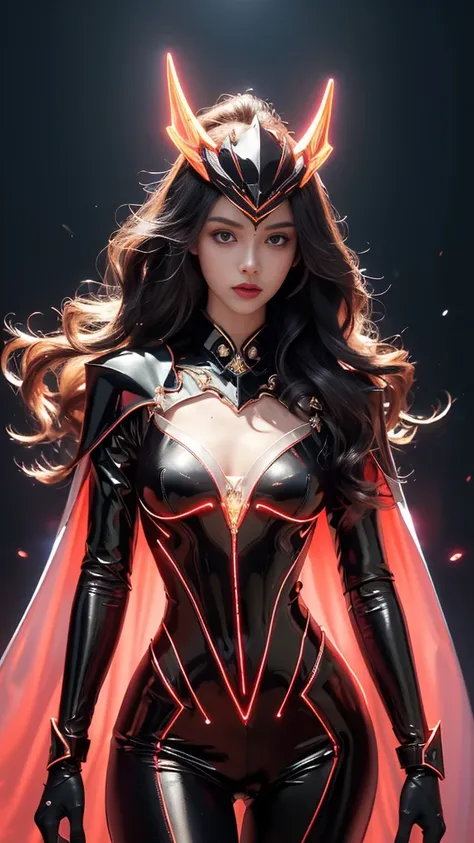 Top quality, masterpiece, ultra high definition, Original photo, 1 Girl, ((slim body)), ((wavy sardine)), cinematic lighting, very long hair, detailed eyes, wind, necklace, piercing, ((explorer cospaly)), ((ironic outfit)), black outfit, ((electric cape)),...