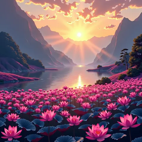 Magenta lotus flower field、Pond deep in the mountains、Background gold、god々The bright sun shines、High image quality、Illustration