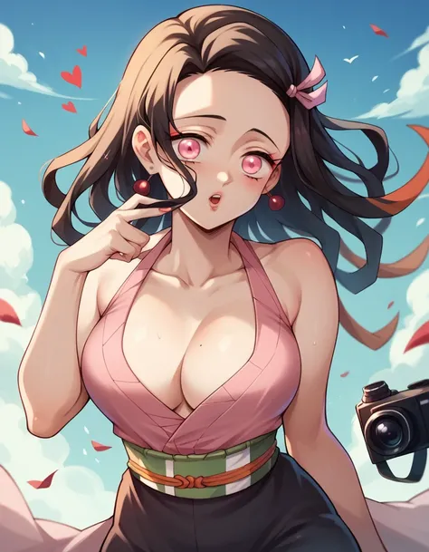 nezuko, demon slayer, giving some sexy pose, slim waist, big breasts, wearing indian saari, giving flying kiss, face towards cam...