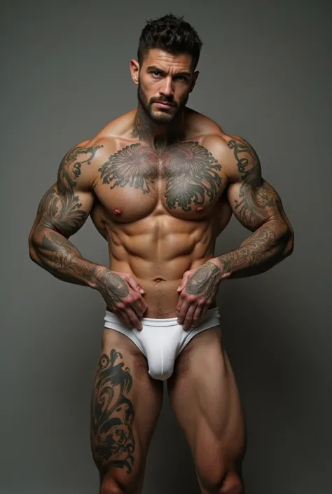 shirtless man, tattoo and white underwear pressing the underwear