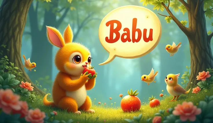 Magical Fruit: Babu eating the magical fruit and speaking in the birds language,, large speech bubble above the head with the text "Good morning!"