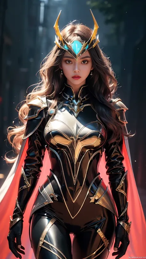 Top quality, masterpiece, ultra high definition, Original photo, 1 Girl, ((slim body)), ((wavy sardine)), cinematic lighting, very long hair, detailed eyes, wind, necklace, piercing, ((explorer cospaly)), ((ironic outfit)), black armor, ((electric cape)), ...