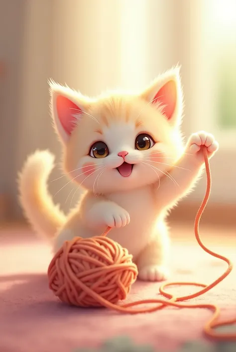 Cute anime cat playing with yarn, Detailed Whimsical Cat, Cute Kitten, soft furry cat, Naughty cat, Vibrant colors, Pastel Palette, Warm lighting, Beautiful and delicate eyes, Beautiful and delicate face, Extremely detailed, 8K, high resolution, masterpiec...