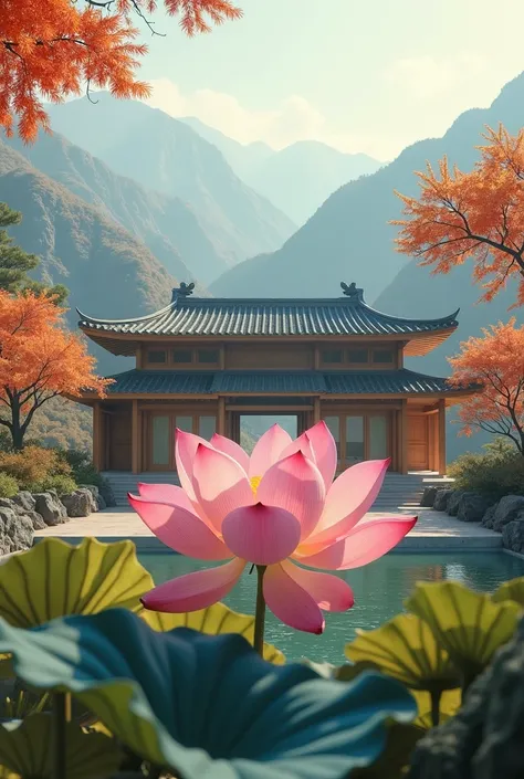 Chan School in Buddhism with lotus flower and autumn mountain 