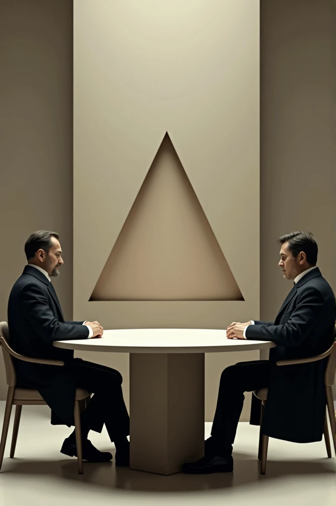 Two man sit on chair at 120 degree around big round table wearing coat of black colour and there is big triangle board is present in side of table just like two sides of triangle at upper side 