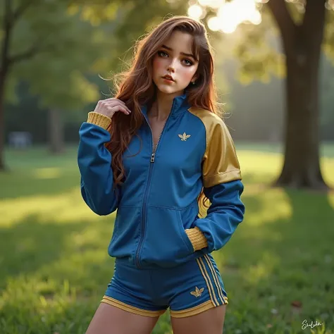 (best quality,4k,8k,highres,masterpiece:1.2),ultra-detailed, 1girl, Celtic Goddess Epona as a college student, jennao, Chestnut Brown hair, Hazel eyes, wearing blue track top with gold sleeves and blue thigh length track shorts with gold stripes, Flirting ...