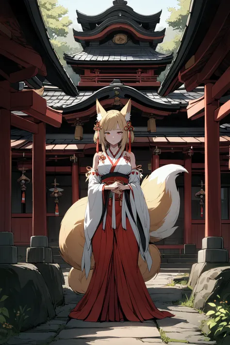 Beautiful, mature, two fox girls, two shrine maidens, shrine, no human ears, fox tail