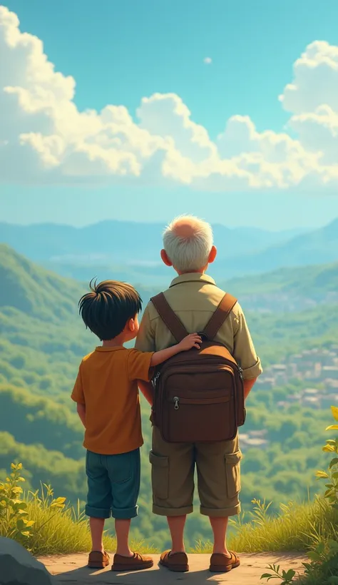  The boy and old man standing together, looking out at the landscape.  Generate cartoon image with face and clothes restoration and with high resolution and aspect ratio 9:16