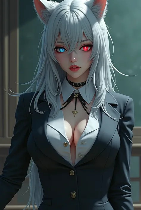 Big Breasts,Silver hair,Left eye is blue,Right eye is red,In the eyes is a cross shape.,Wearing a teacher&#39;s uniform,Animal ears,18+