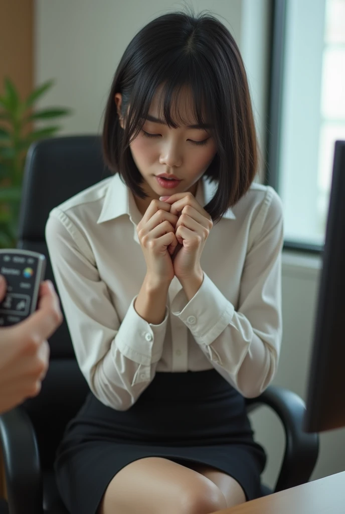 High resolution、Japanese Wife、Short Bob、At work in the company office、I feel it when I put a remote vibrator between my legs、A hand holding a remote control switch is photographed from outside the frame.、Beautiful wife、Uniform、skirt、panties、Embarrassed exp...