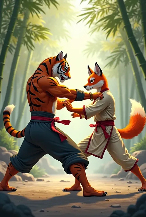 A anthropomorphic Tiger. A anthropomorphic fox. Wearing martial arts outfits. Having a kung-fu fight. 