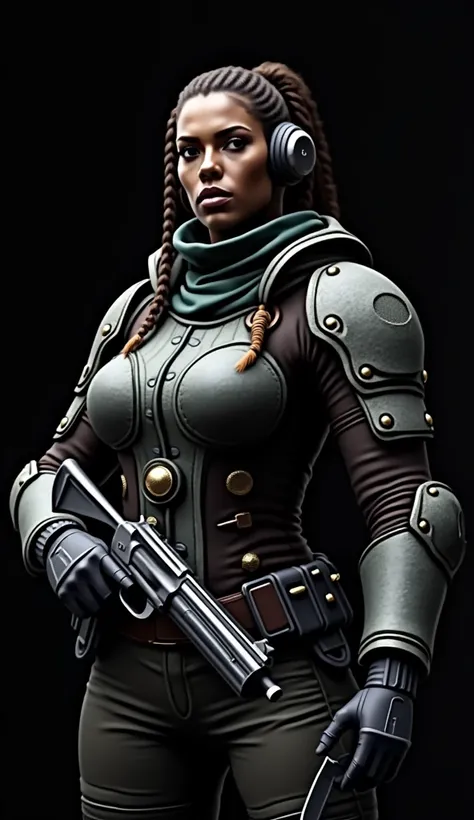 Woman in apocalyptic attire holding a revolver and a knife. Large boobs. Tanned skin. Braided hair. Heavy armor