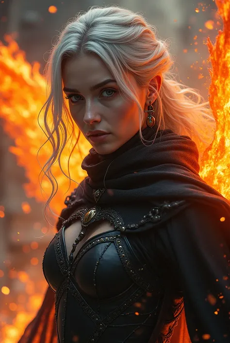 ((super fine illustration, 8k, Masterpiece :1.2, Sharp focus :1.2, depth of field:1.2)), Beautiful swordswoman, absurdity, Highly detailed face and skin texture, silver hair, jet-black armor, flame armor, cloak wrapped in flames, sword wrapped in flames, f...