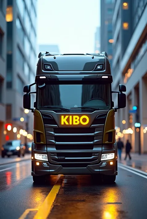 I want you to make me a picture of Scania new model if it has a yellow number plate container and it should be written "KIBO" so that it can be read properly if the car is in the city