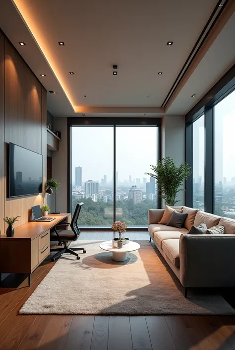 Create a large modern luxurious youth room with a corner of floor to ceiling windows, in a part of the room almost at the back, In that same corner, place a desk and a clean work area where you can see the views from the panoramas., On the other side of th...