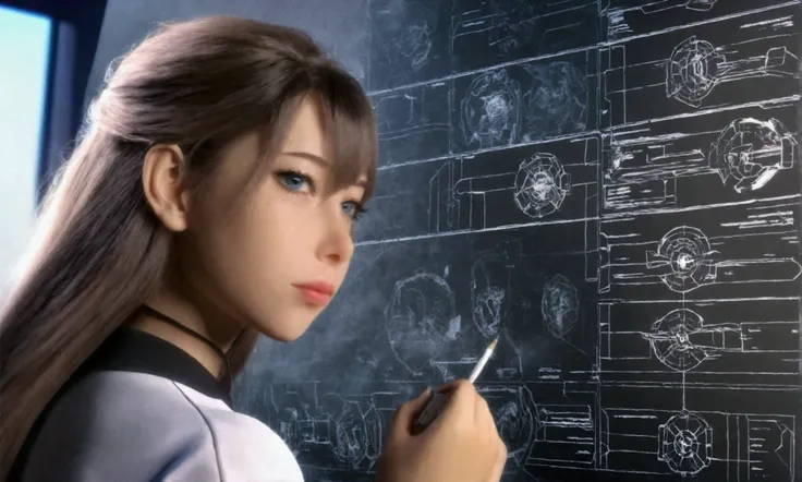 a cute anime girl in a sexy technician outfit with frayed edges and many holes, grease smudges, studying a mechs technical readouts on a wall, architectural design of mech, mech bay, focus on schematic, (best quality,4k,8k,highres,masterpiece:1.2),ultra-de...