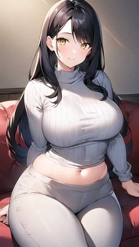 ((masterpiece)), ((best quality)) (ultra-detailed), (1girl, solo, mature female, long hair, straight hair, double-parted bangs, black hair, yellow eyes, large breasts, narrow waist, wide hips, curvy, sweater, pants), sitting, couch, living room, looking at...