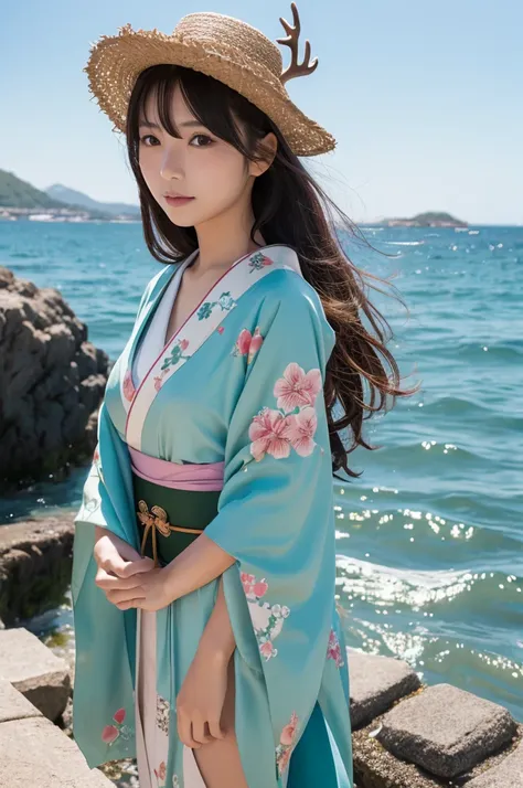 A slightly erotic Japanese girl in a kimono, the sea and a deer