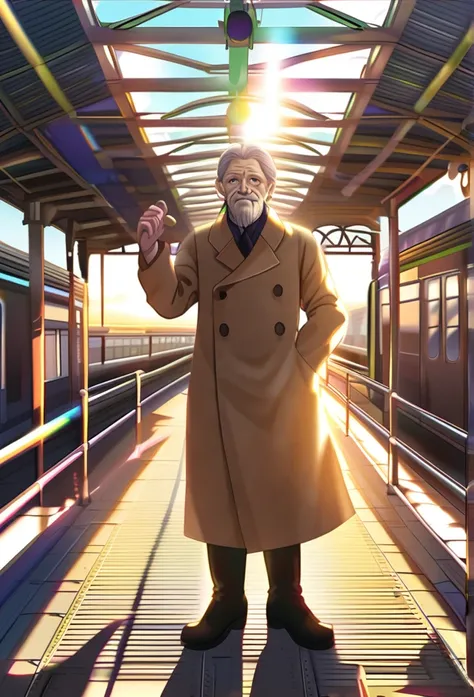 Train station old man curly redhead green eyes chestnut coat black boots sunny day rainbow sun 