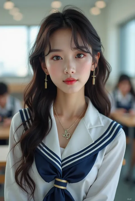 (Photorealism:1.2) beautiful and charming kpop like idol, school background in a classroom, uniform clothes, necklace "JO" readable and clear