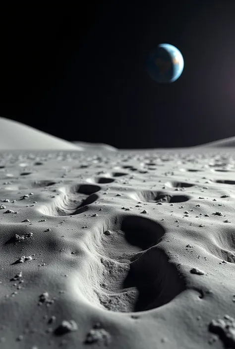 A still image of an astronaut’s footprints on the moon’s surface. The lunar landscape is dusty and barren, with the Earth visible in the background, emphasizing the timelessness of the footprints