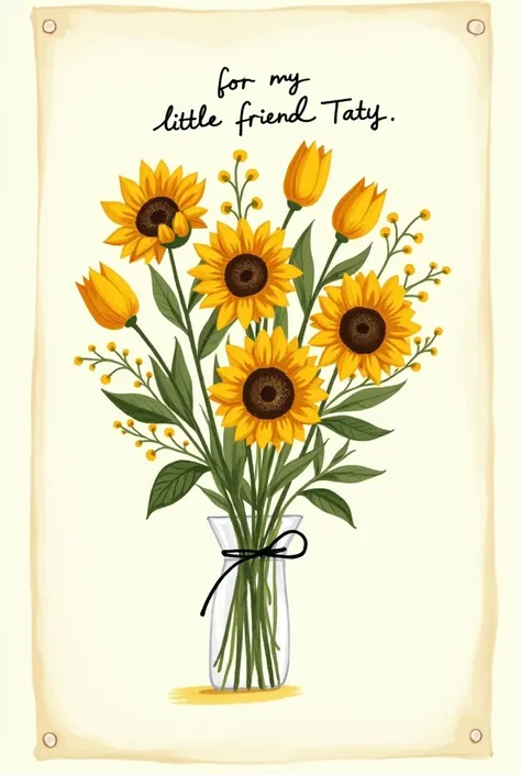 A bouquet of yellow sunflowers and tulips that looks like it was drawn by hand in a notebook and has a phrase that says for my little friend Taty
