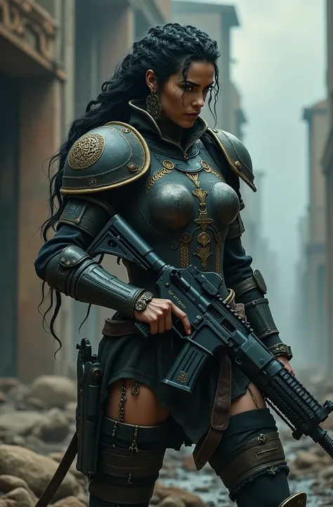 Woman in apocalyptic attire holding a beretta and a knife. Big boobs. Celtic braided hair. Battle armor