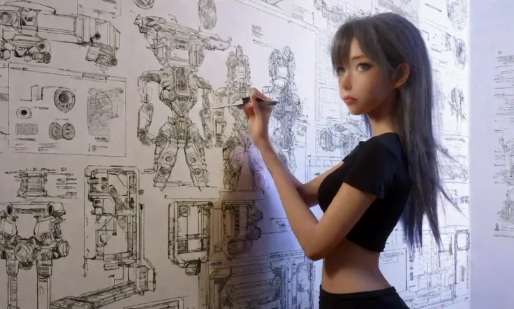 a cute anime girl in a sexy technician outfit with frayed edges and many holes, grease smudges, studying a mechs technical readouts on a wall, architectural design of mech, mech bay, focus on schematic, (best quality,4k,8k,highres,masterpiece:1.2),ultra-de...